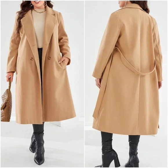 Plus Double Breasted Button up Belted Jacket Coat - Picture 7 of 9